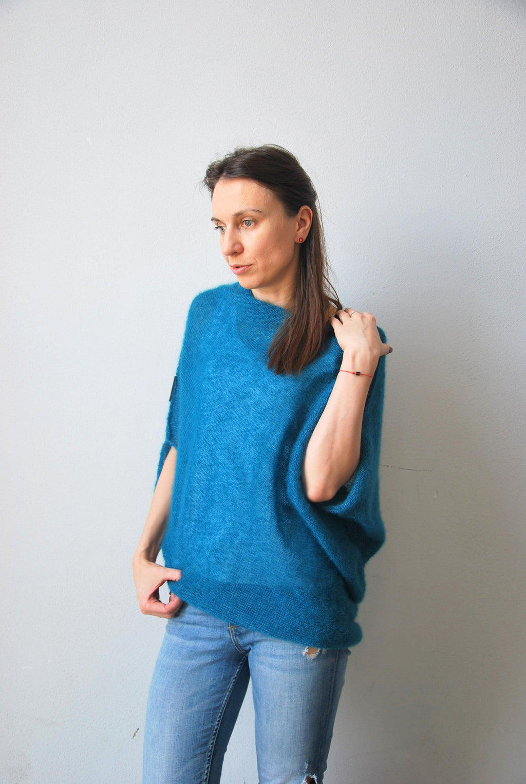 Hand Knit Mohair Cardigan: Silk Blend Green Sweater Cape