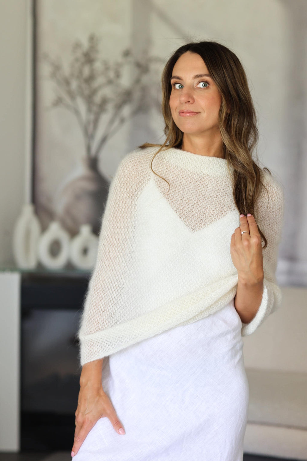 Twisted scarf knitted from mohair and silk with honeycomb pattern