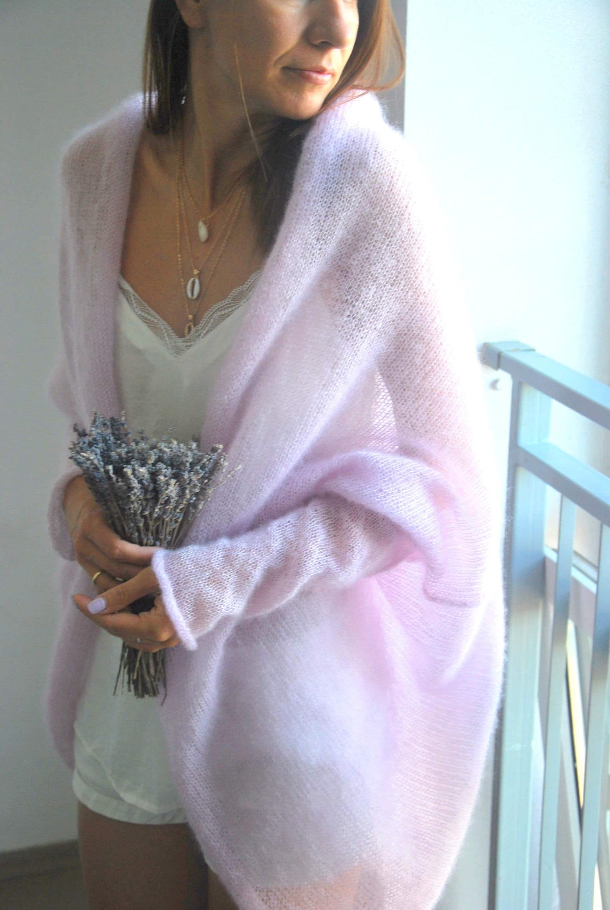 Hand Knit Mohair Silk Cardigan: Light Pink Oversize Bridal Jacket