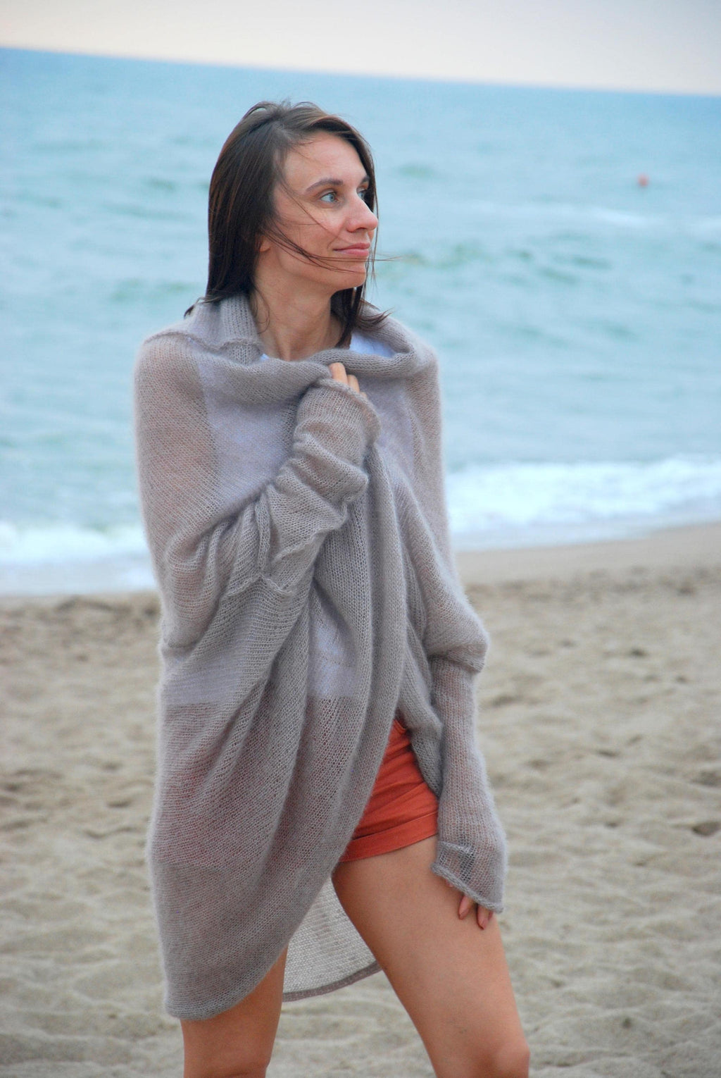 Mohair Silk Knit Cardigan: Beige Oversize Beach Wrap