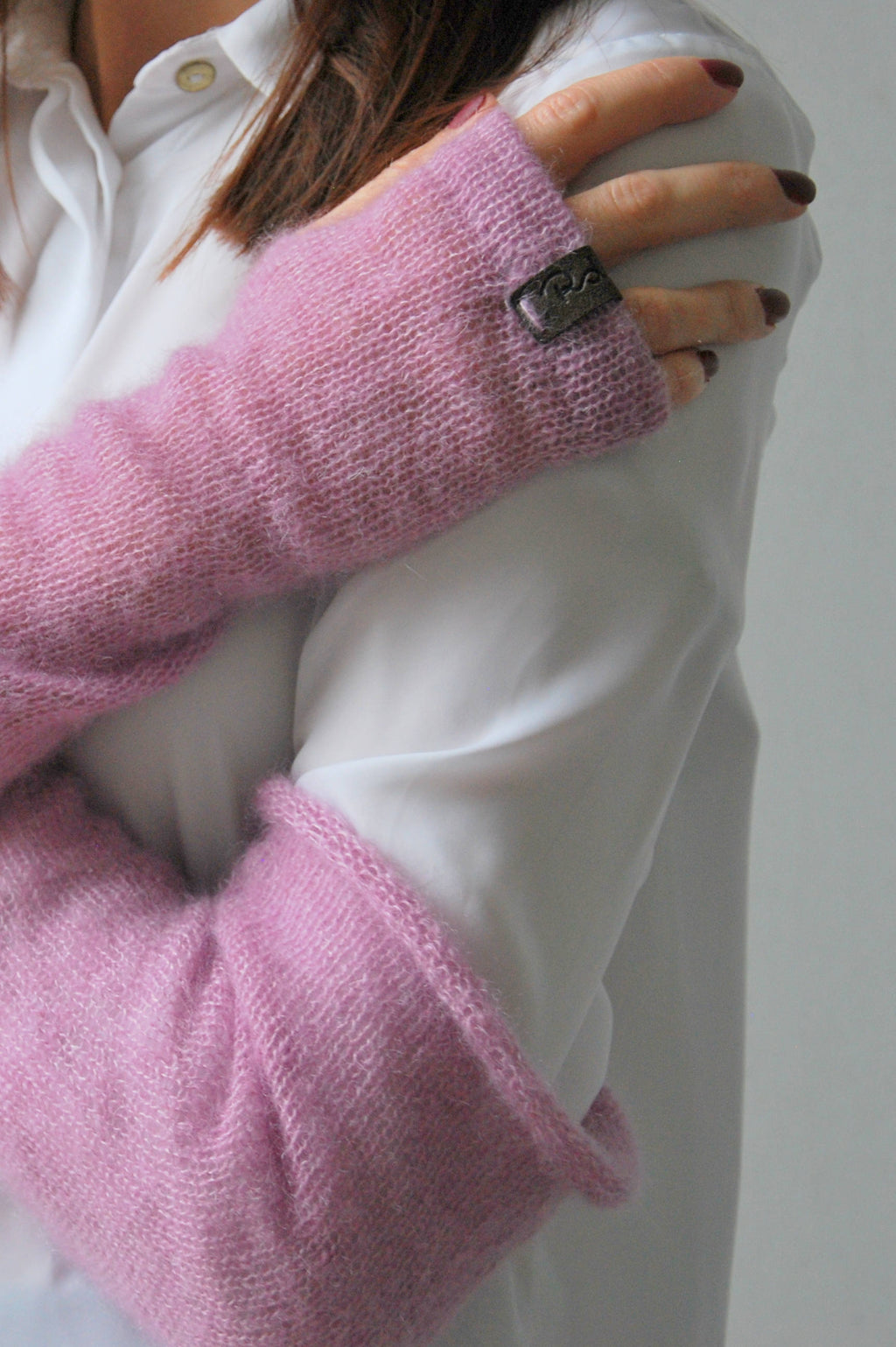 Handmade Mohair Silk Fingerless Gloves: Old Pink Knit Arm Warmers