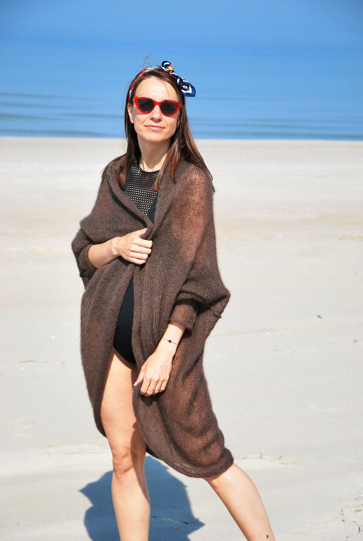 Hand Knit Mohair Cardigan: Brown Lightweight Beach Wrap