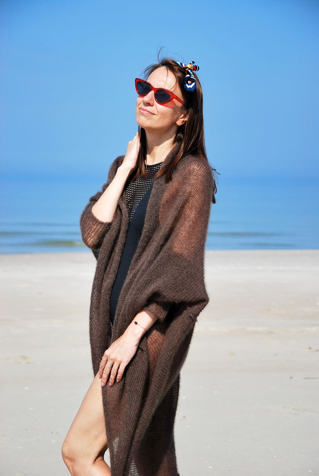 Hand Knit Mohair Cardigan: Brown Lightweight Beach Wrap