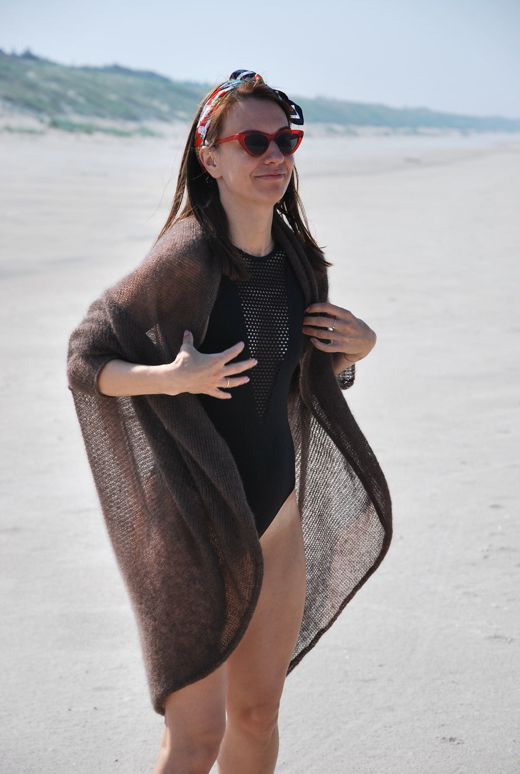 Hand Knit Mohair Cardigan: Brown Lightweight Beach Wrap