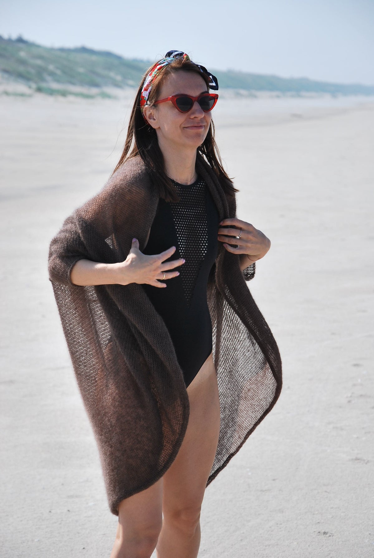 Hand Knit Mohair Cardigan: Brown Lightweight Beach Wrap