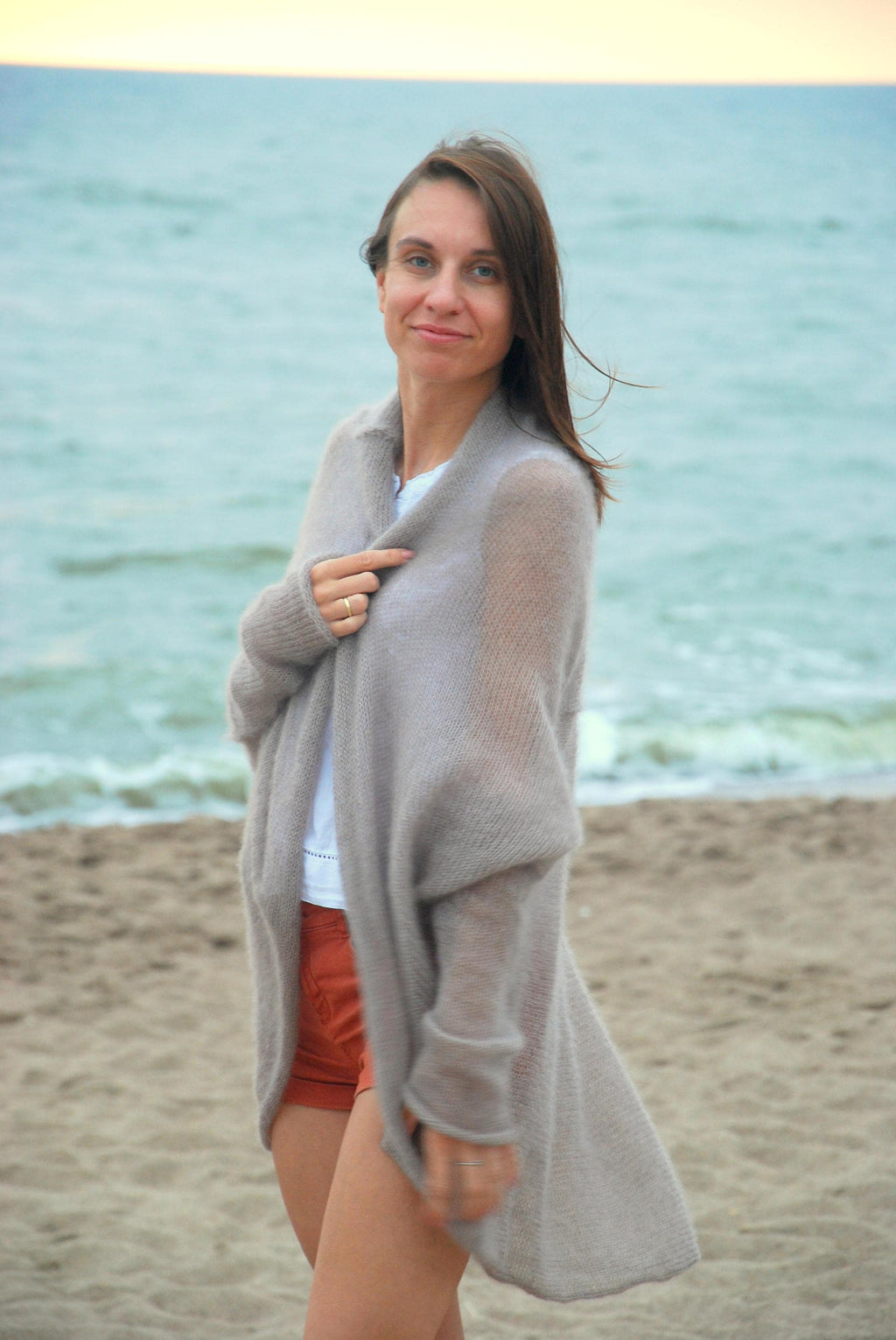 Mohair Silk Knit Cardigan: Beige Oversize Beach Wrap