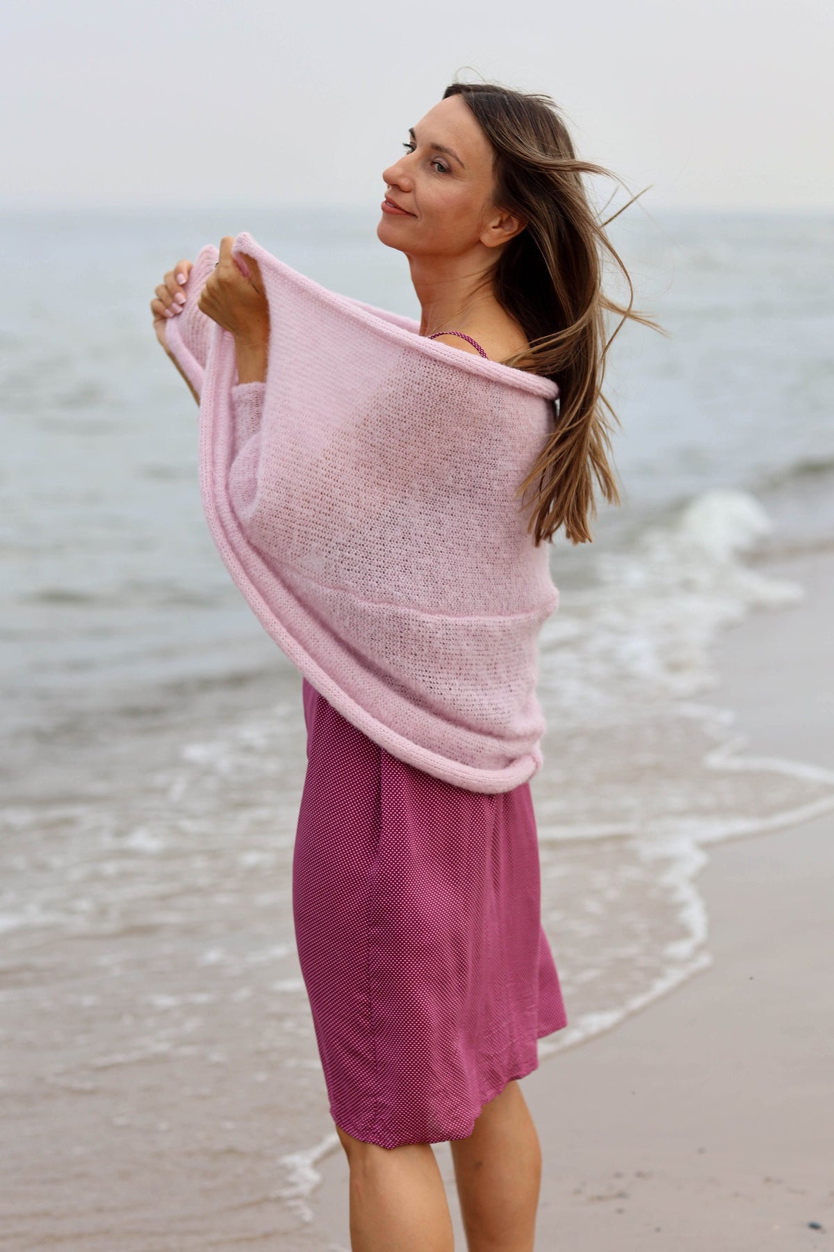 Hand Knit Alpaca Silk Cardigan: Powder Pink Oversized Sweater