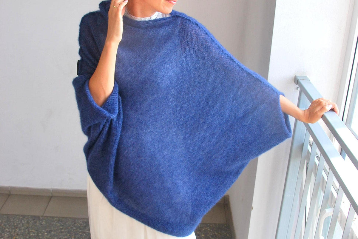 Navy Blue Mohair Silk Poncho: Bridal Cocoon Pullover