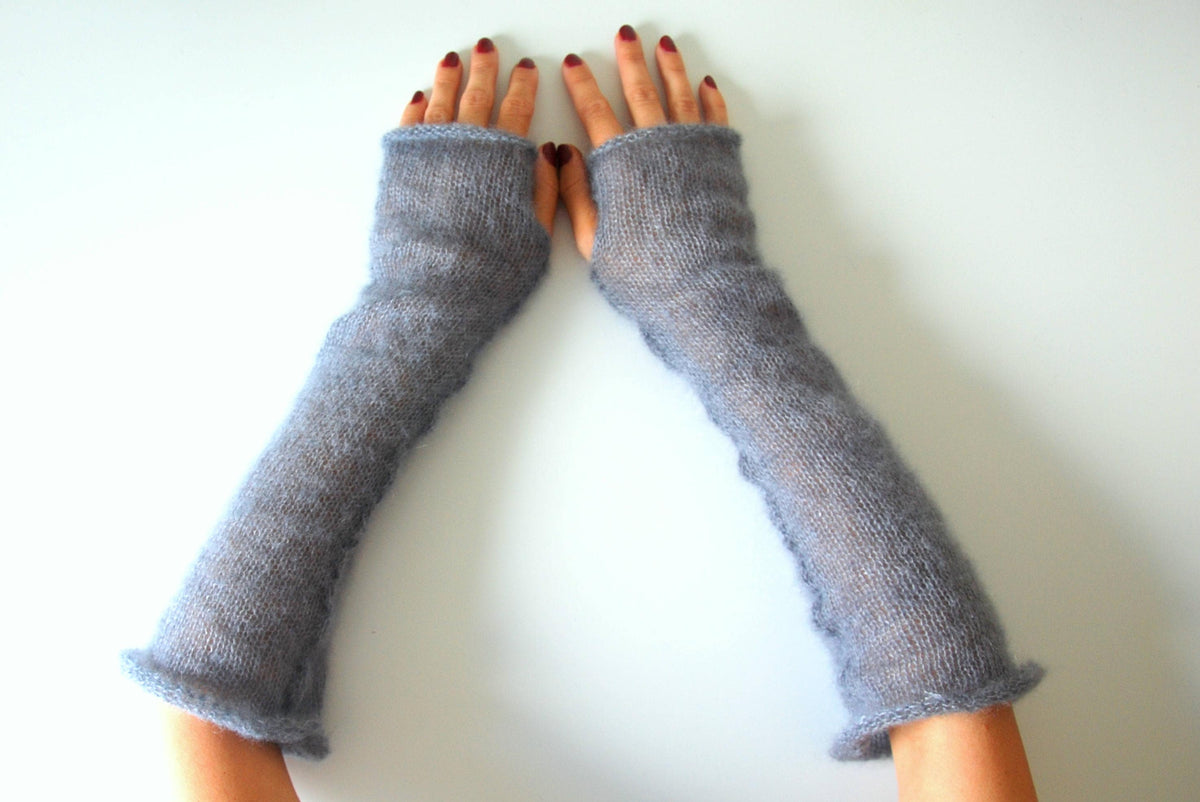 Mohair Silk Fingerless Gloves: Grey Hand-Stitched Thumbholes