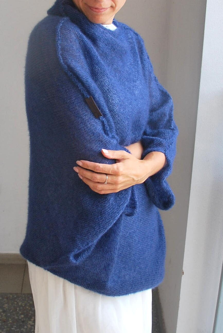 Navy Blue Mohair Silk Poncho: Bridal Cocoon Pullover