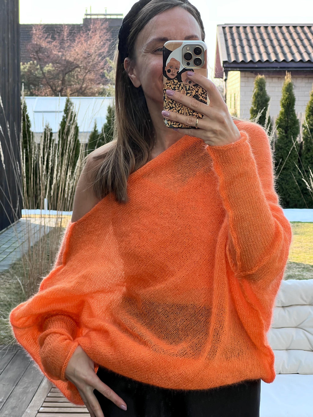 Orange Mohair Silk Sweater | Handmade Poncho Style Knit | Light and Warm
