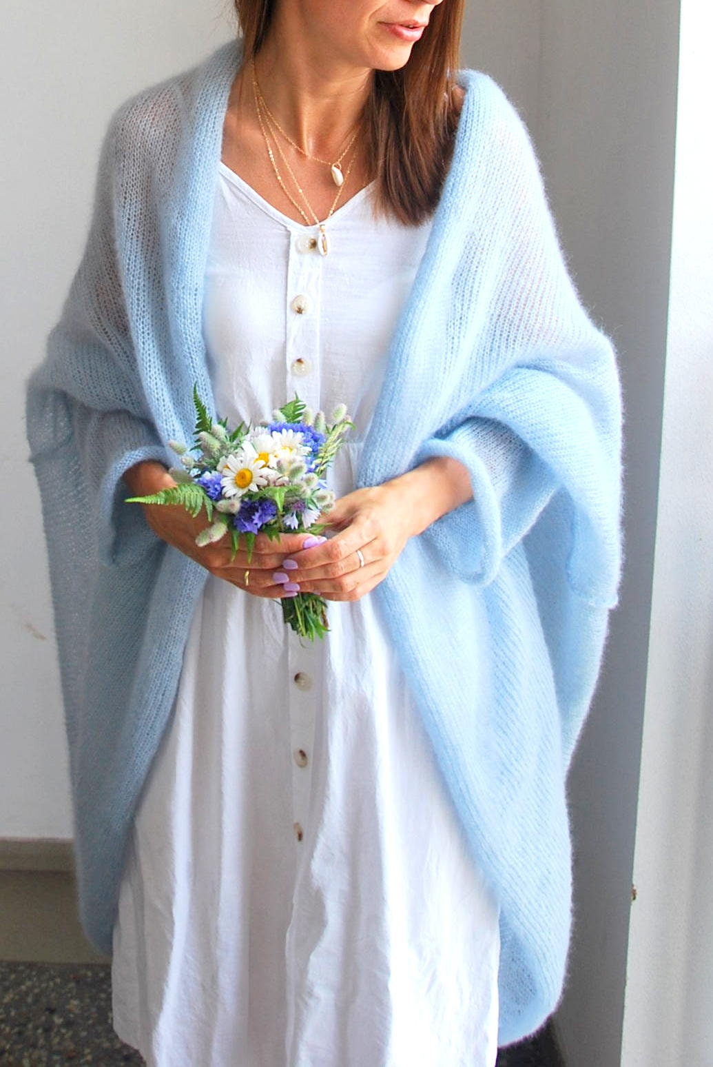 Blue Mist Mohair Silk Cardigan: Oversize Bridal Wedding Wrap