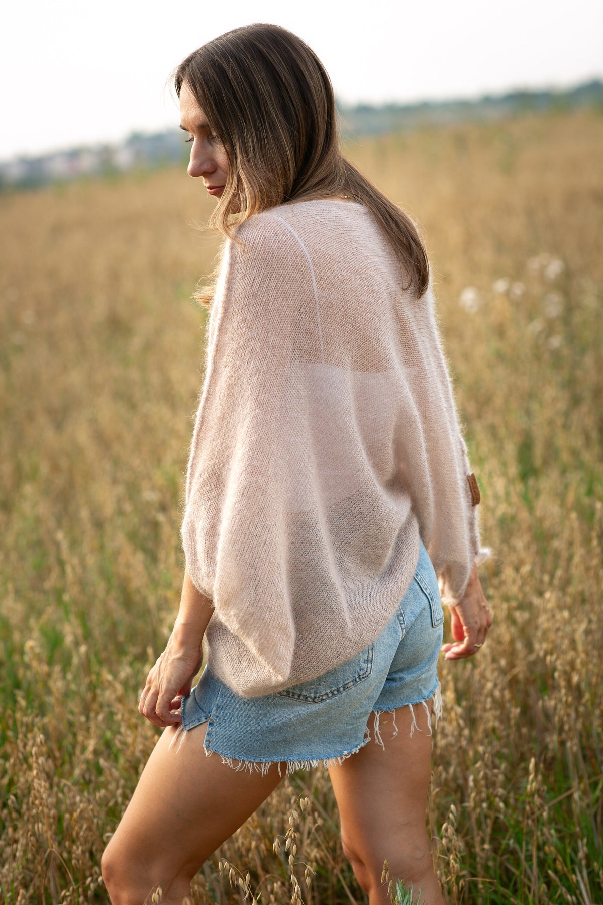Light beige mohair silk sweater, mohair silk pullover, soft bridal sweater, knitted pullover, mohair poncho, mohair silk poncho