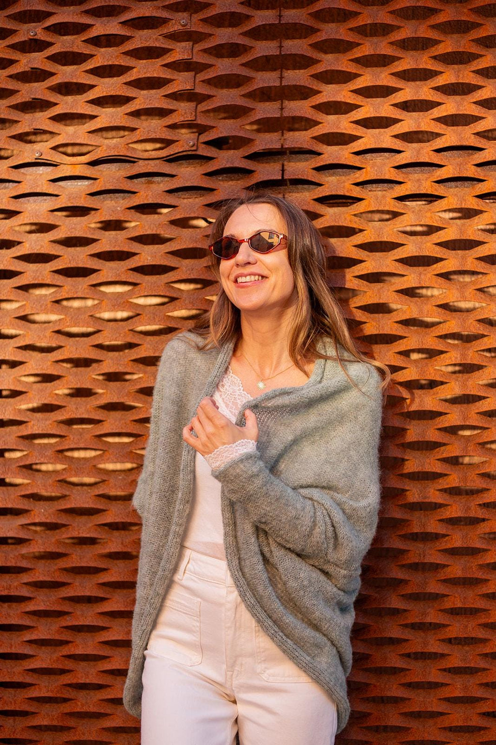 Sage green boho alpaca silk wrap cardigan, soft handmade knit sweater, cozy lightweight minimalist style