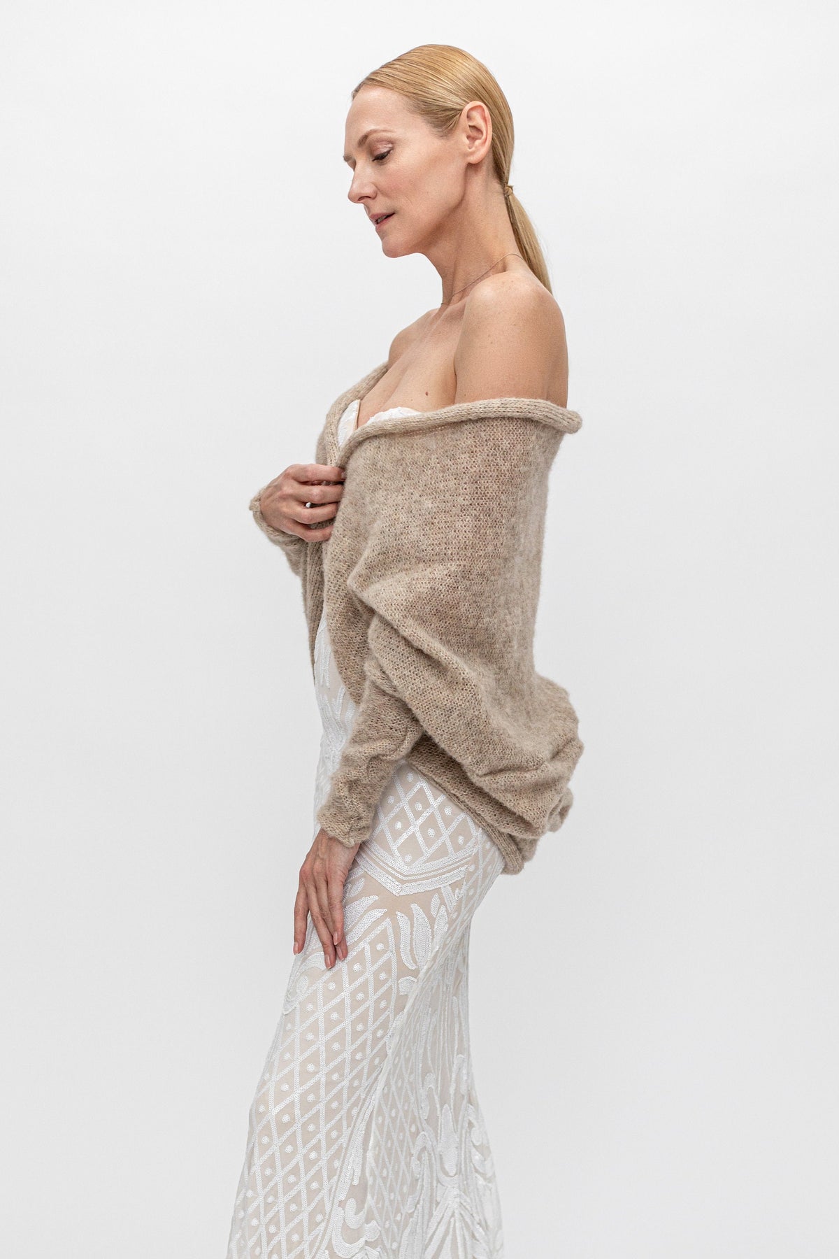 Beige Alpaca Silk Bridal Cardigan: Soft Knit Wedding Shrug