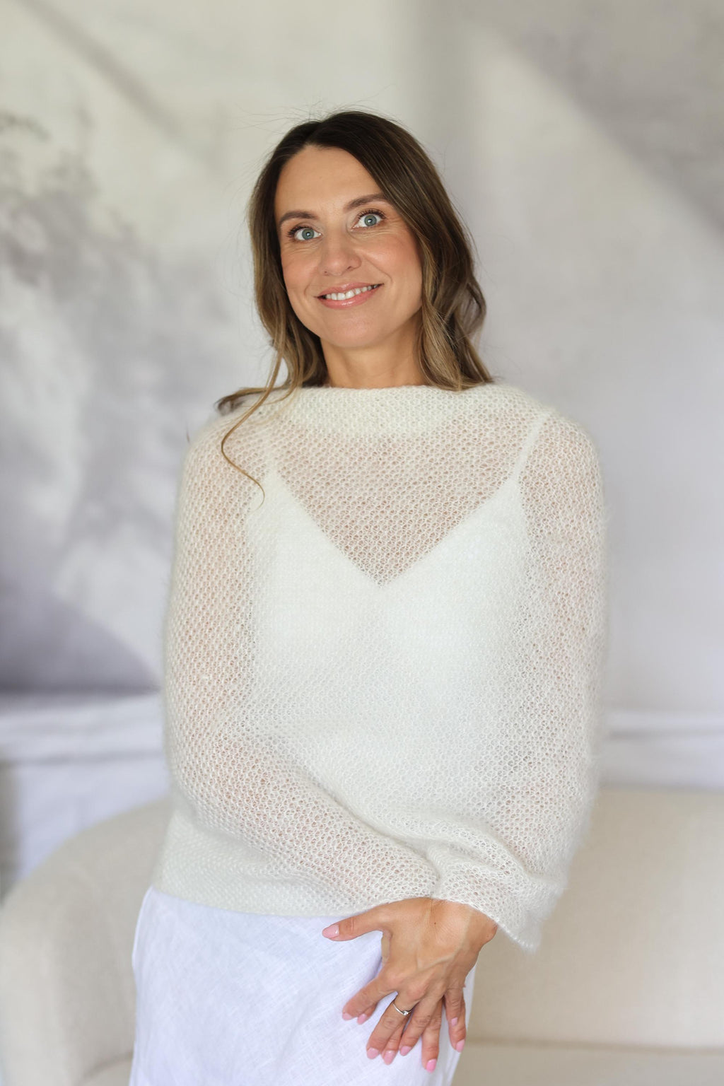 Twisted scarf knitted from mohair and silk with honeycomb pattern