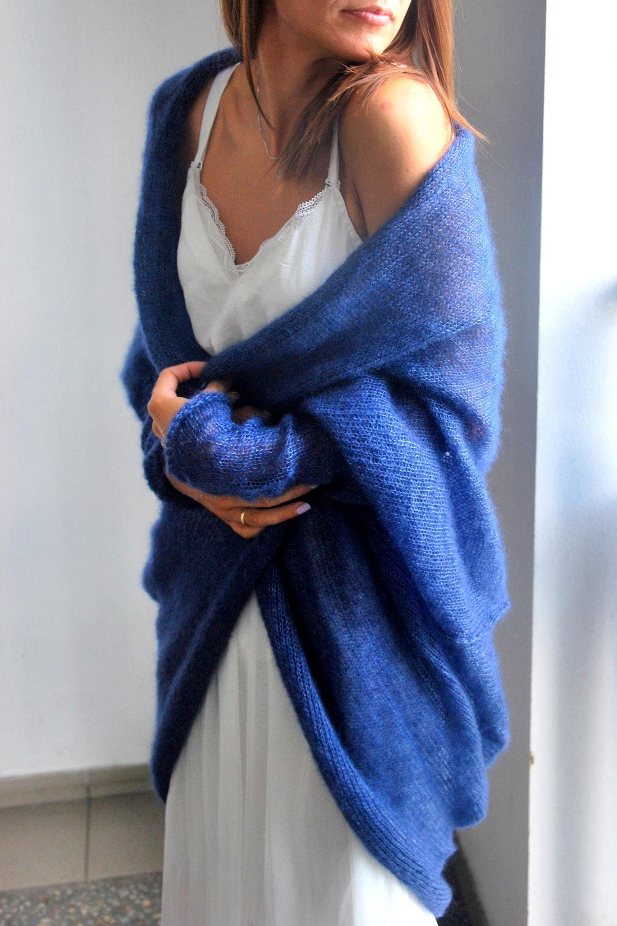 Navy Blue Mohair Silk Cardigan: Soft Bridal Wedding Cape