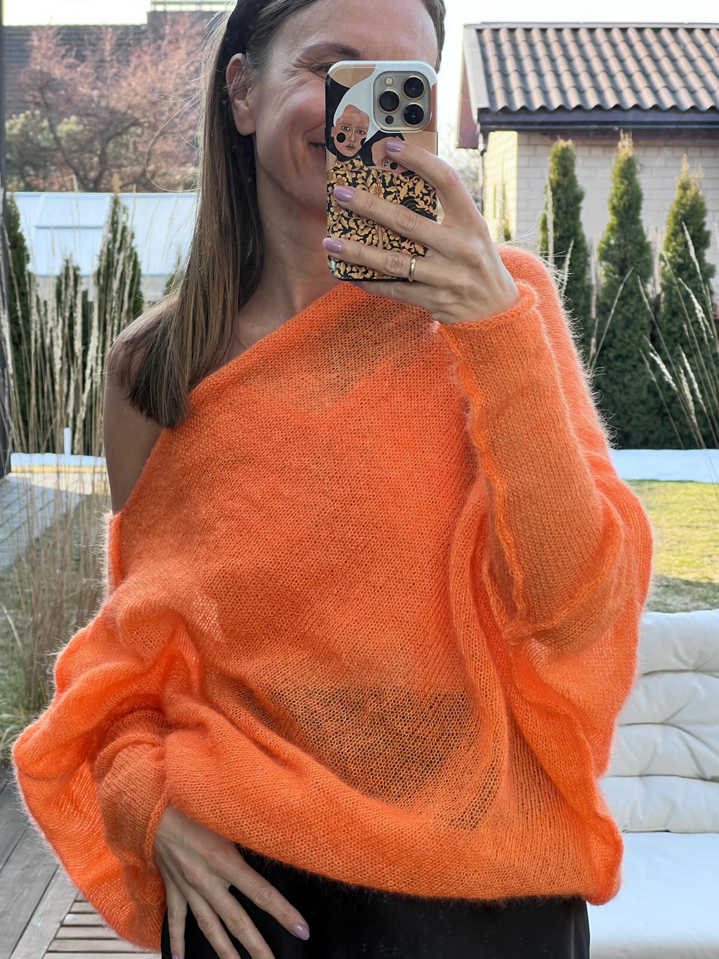Orange Mohair Silk Sweater | Handmade Poncho Style Knit | Light and Warm