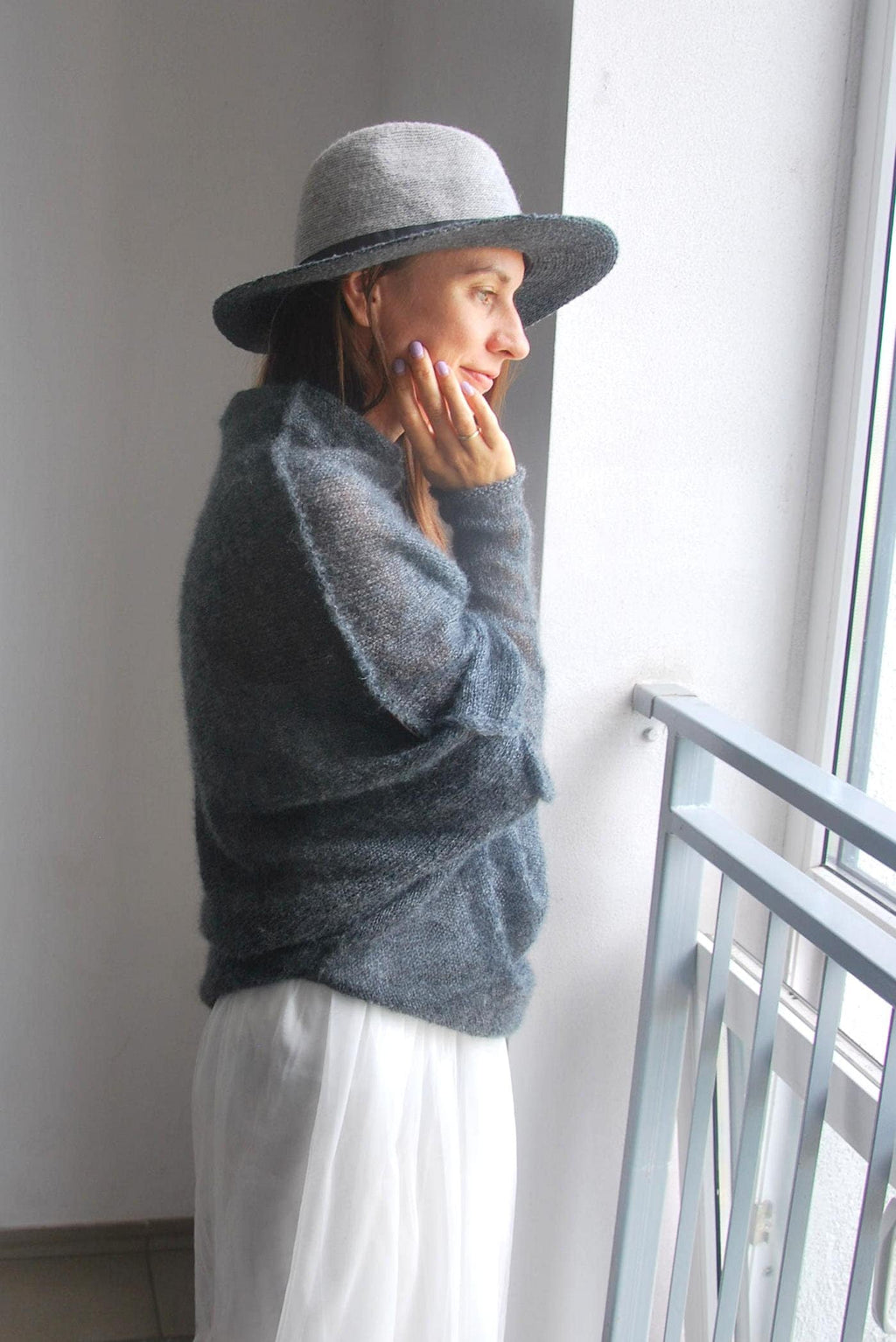 Ash Gray Mohair Silk Sweater: Knitted Pullover