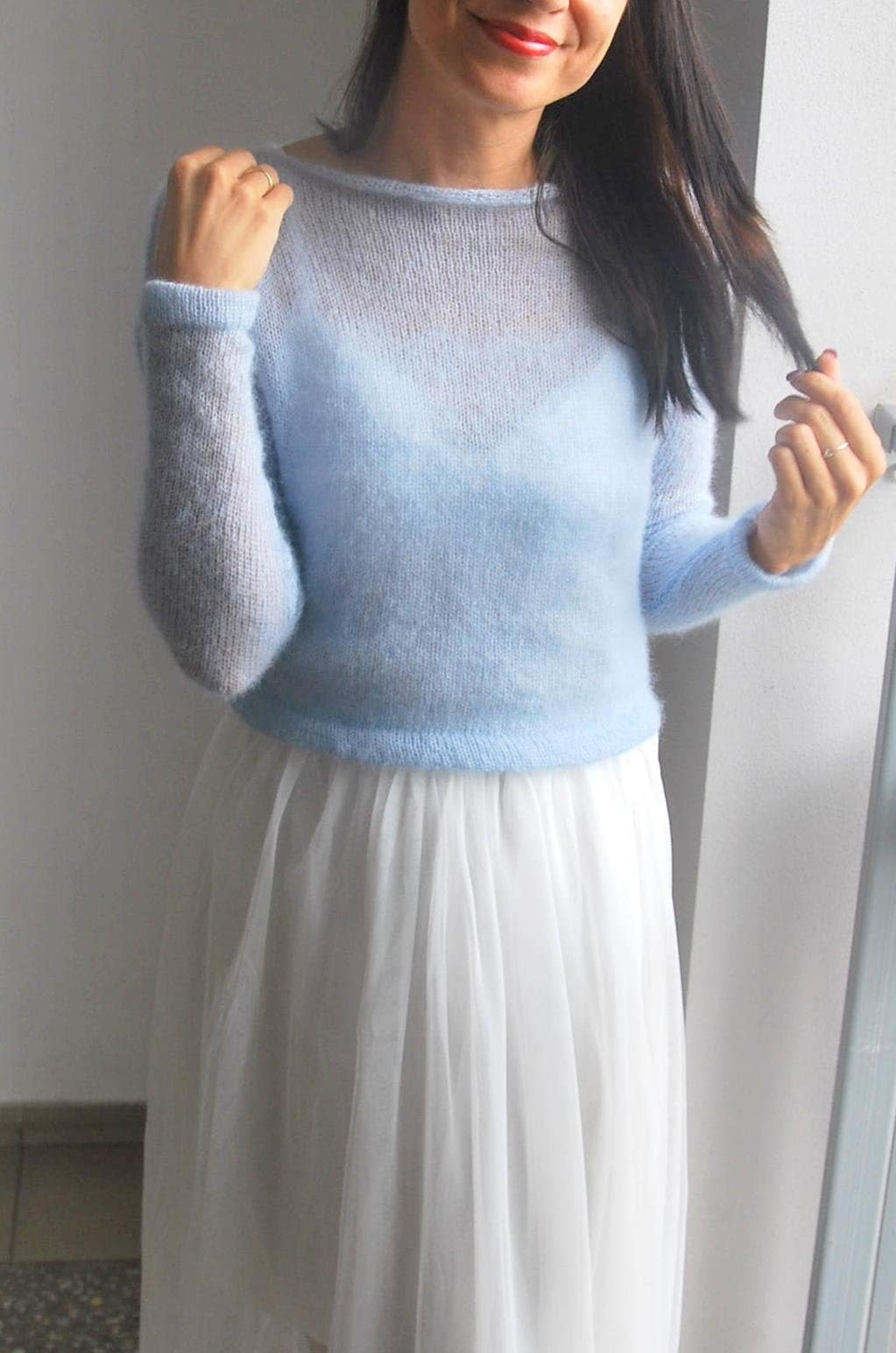 Handmade Mohair Silk Pullover: Light Blue Bridal Sweater
