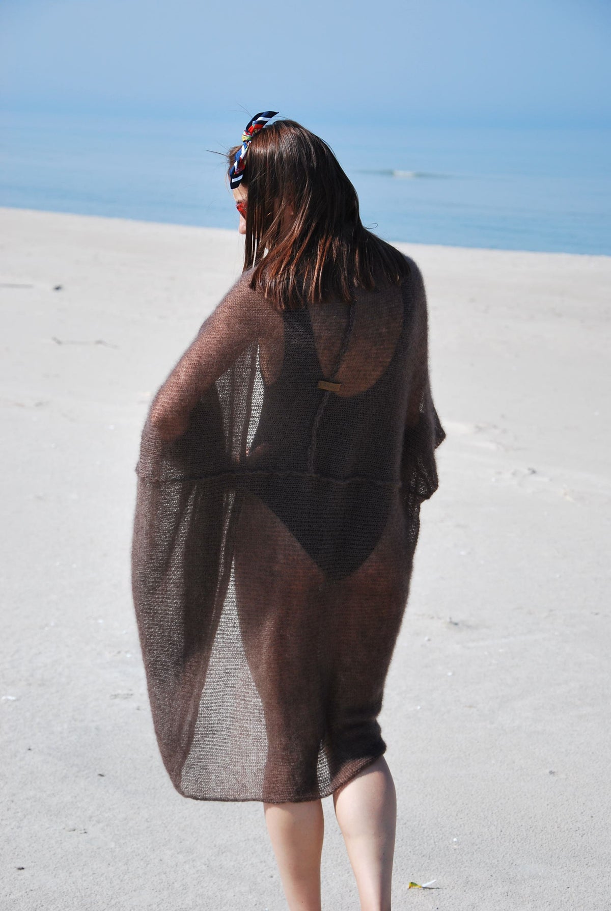 Hand Knit Mohair Cardigan: Brown Lightweight Beach Wrap