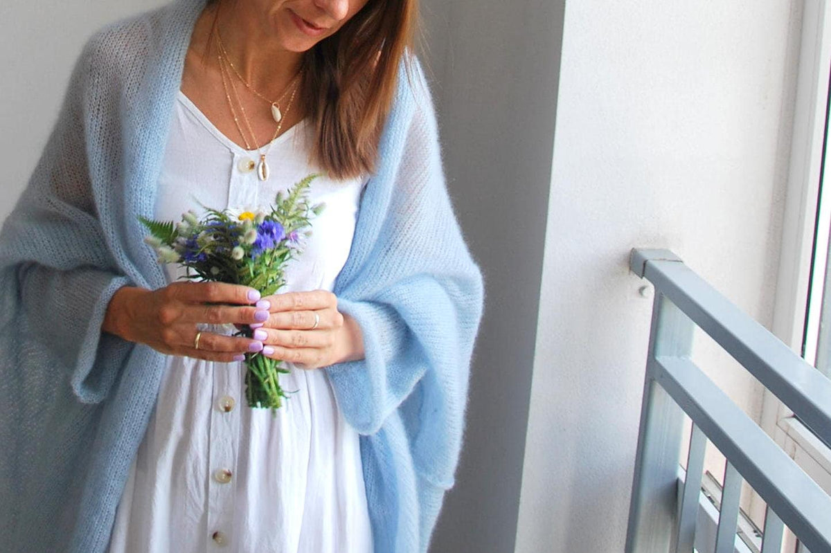 Blue Mist Mohair Silk Cardigan: Oversize Bridal Wedding Wrap
