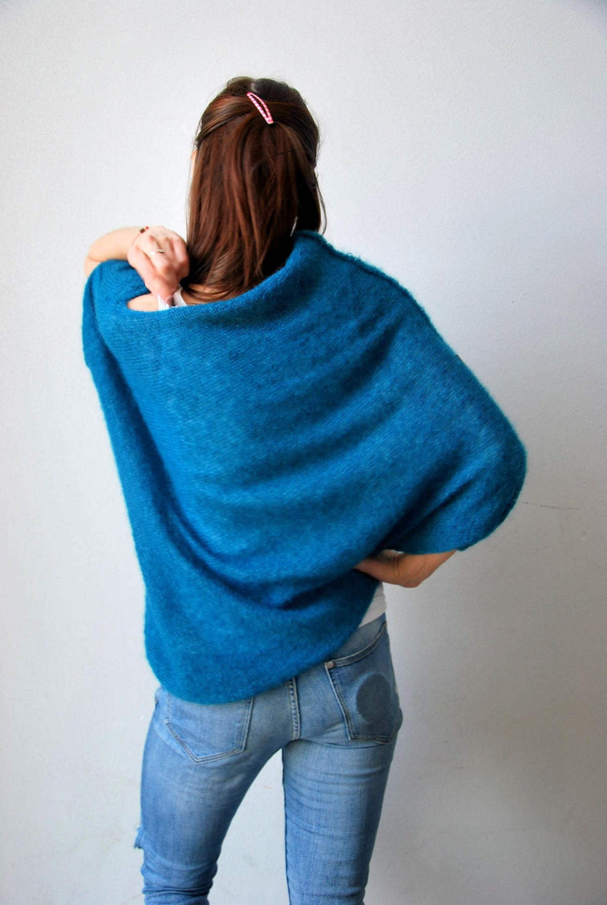 Hand Knit Mohair Cardigan: Silk Blend Green Sweater Cape
