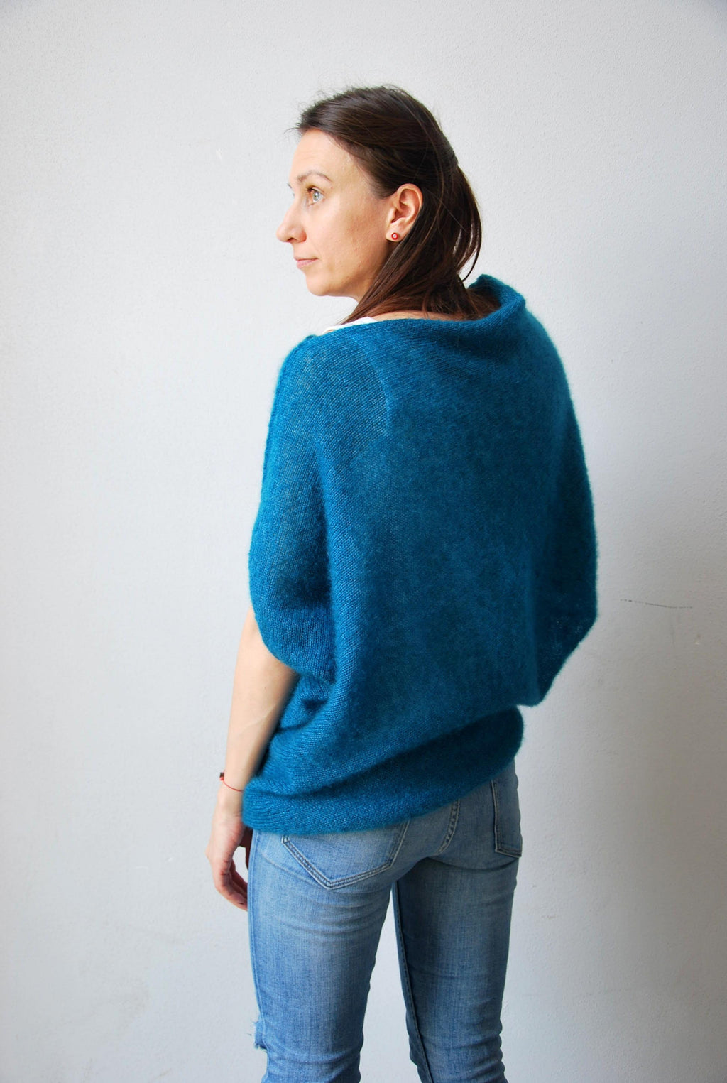 Hand Knit Mohair Cardigan: Silk Blend Green Sweater Cape