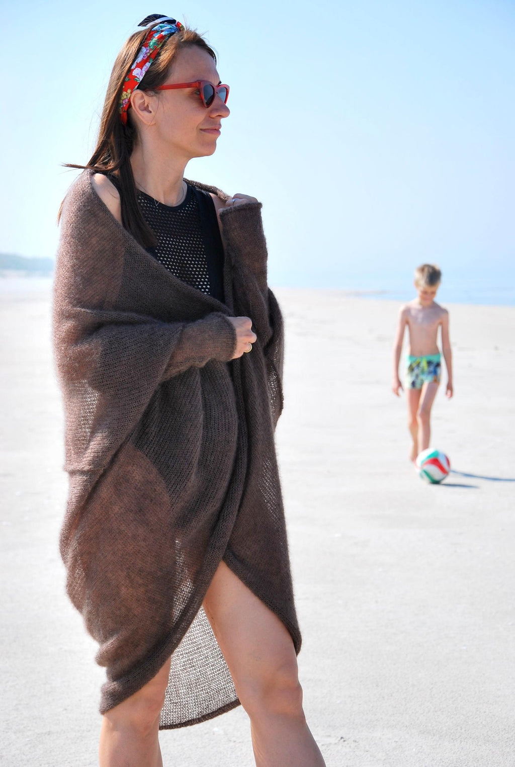 Hand Knit Mohair Cardigan: Brown Lightweight Beach Wrap