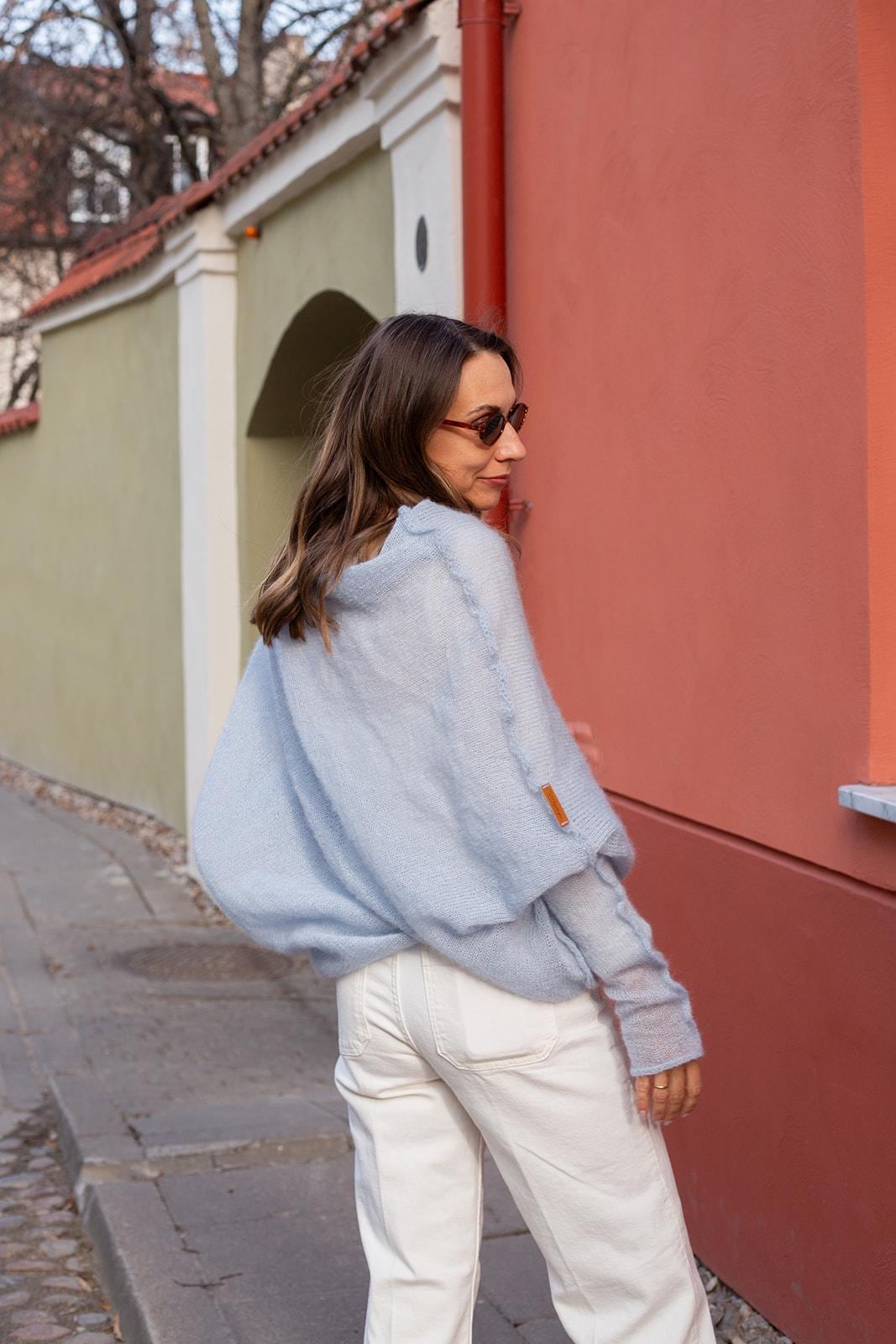 Light Blue Mohair Silk Sweater, Soft Knit Pullover Women, Bridal Mohair Sweater, Lightweight Blue Poncho, Elegant Wedding Wrap