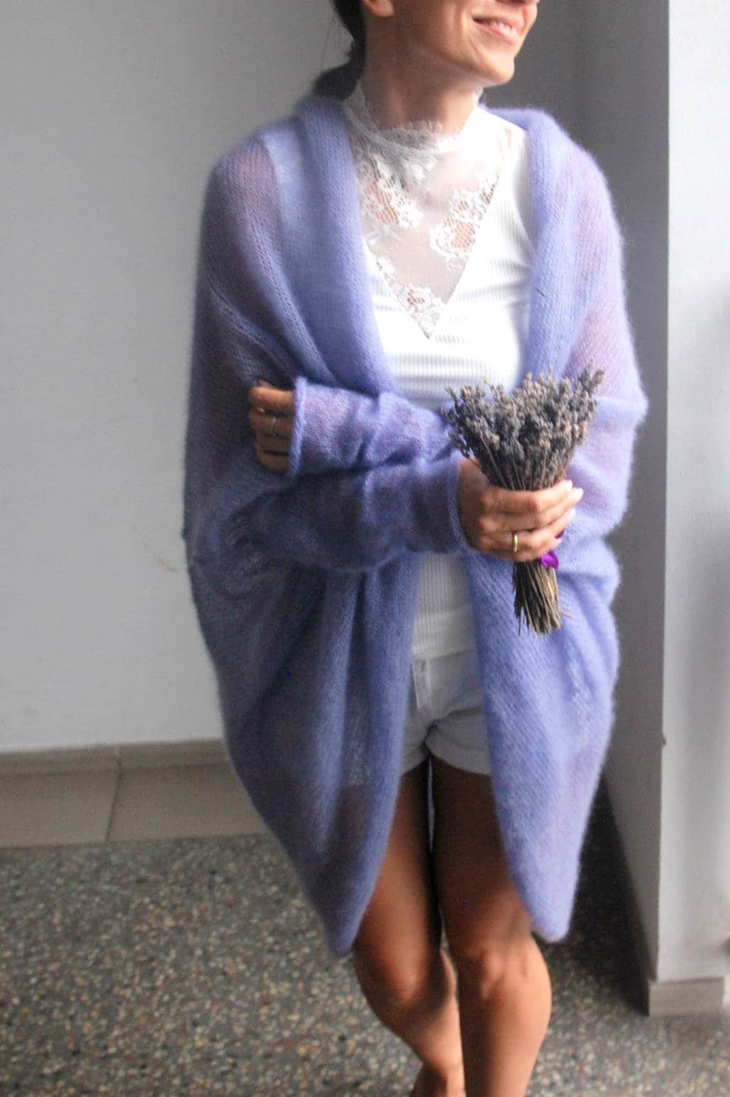 Hand Knit Mohair Cardigan: Bridal Wedding Sweater, Lavender Silk Blend