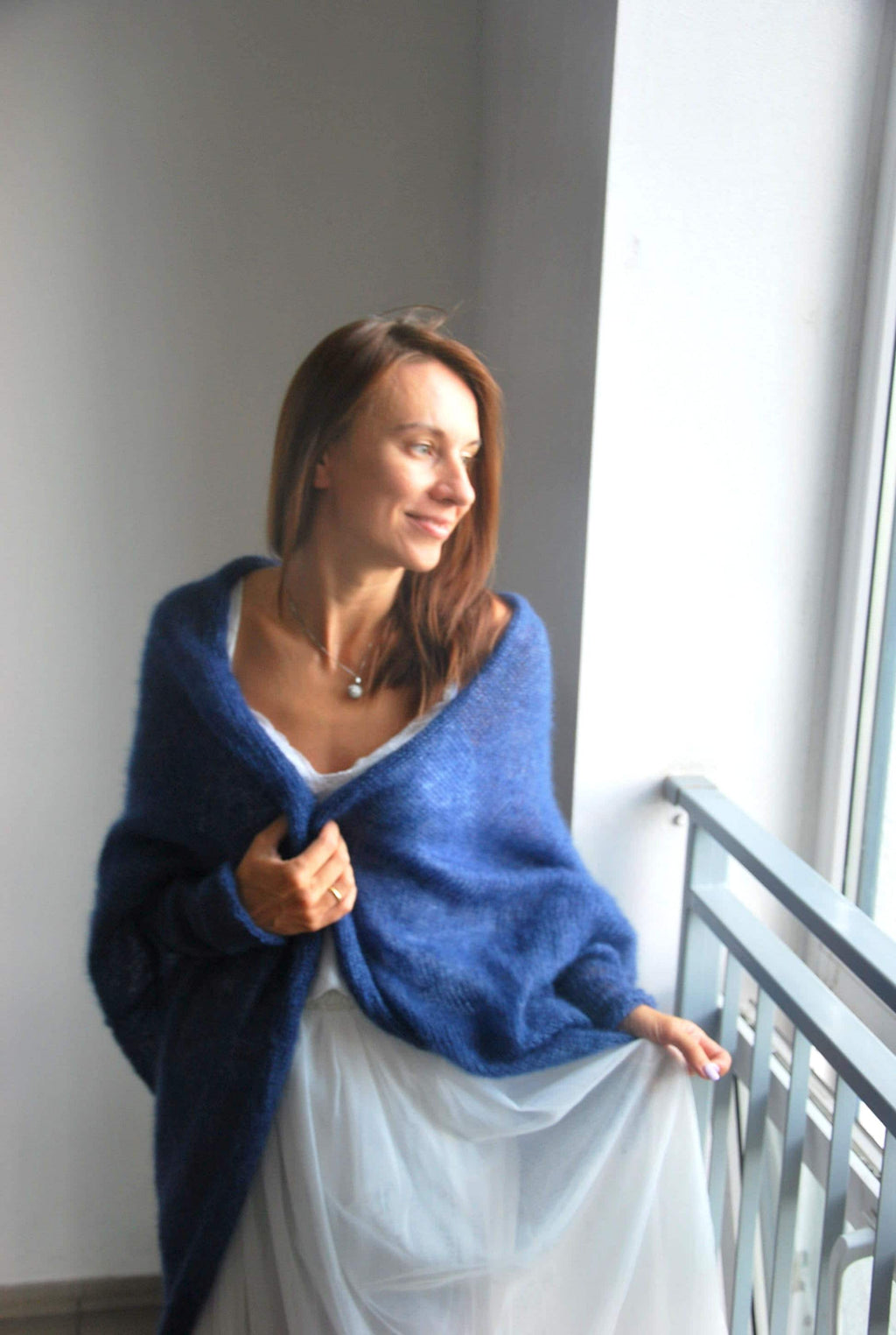 Navy Blue Mohair Silk Cardigan: Soft Bridal Wedding Cape