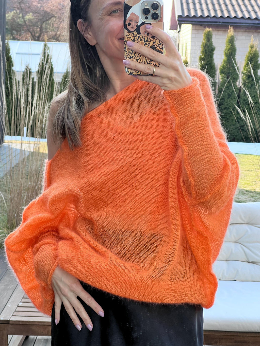 Orange Mohair Silk Sweater | Handmade Poncho Style Knit | Light and Warm