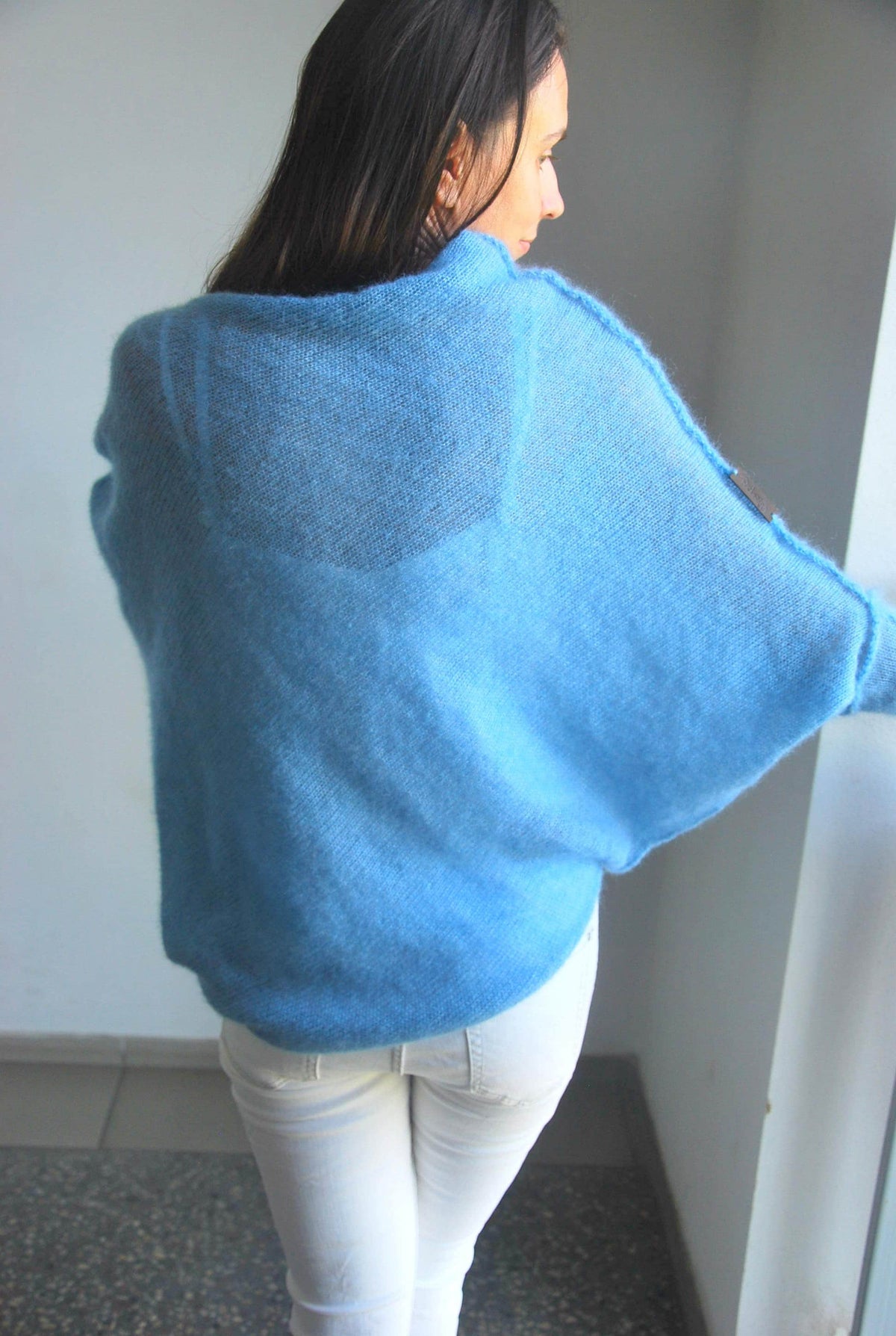Light Blue Mohair Silk Cardigan: Soft Knit Poncho Sweater