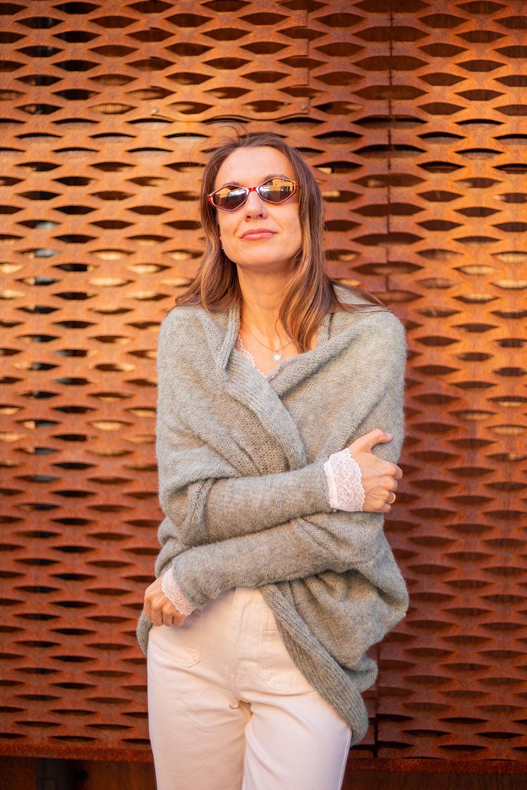 Sage green boho alpaca silk wrap cardigan, soft handmade knit sweater, cozy lightweight minimalist style