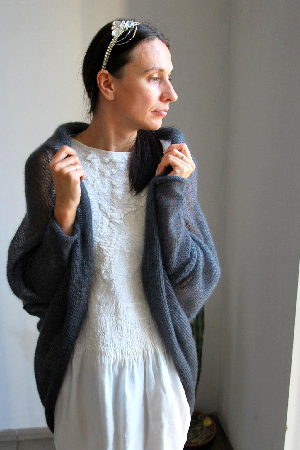 Ash Gray Mohair Silk Cardigan: Soft Bridal Sweater