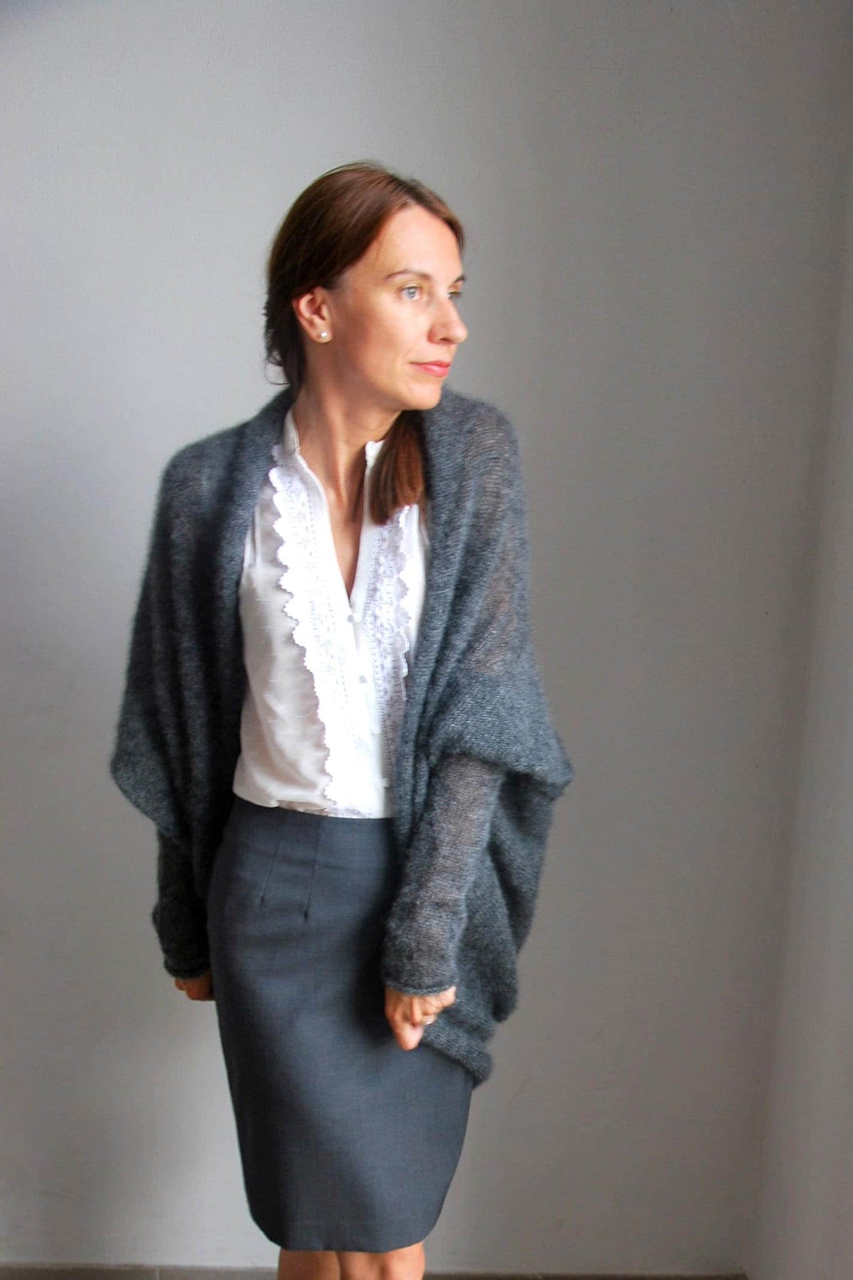 Hand Knit Mohair Silk Cardigan - Gray Knit Sweater