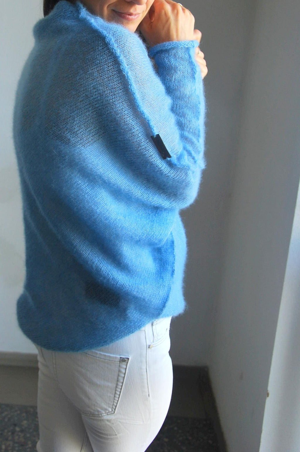 Light Blue Mohair Silk Cardigan: Soft Knit Poncho Sweater