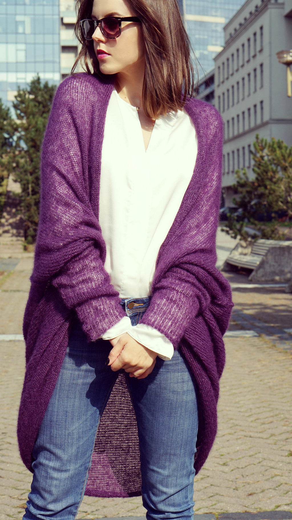 Purple Mohair Silk Cardigan: Bohemian Knit Sweater