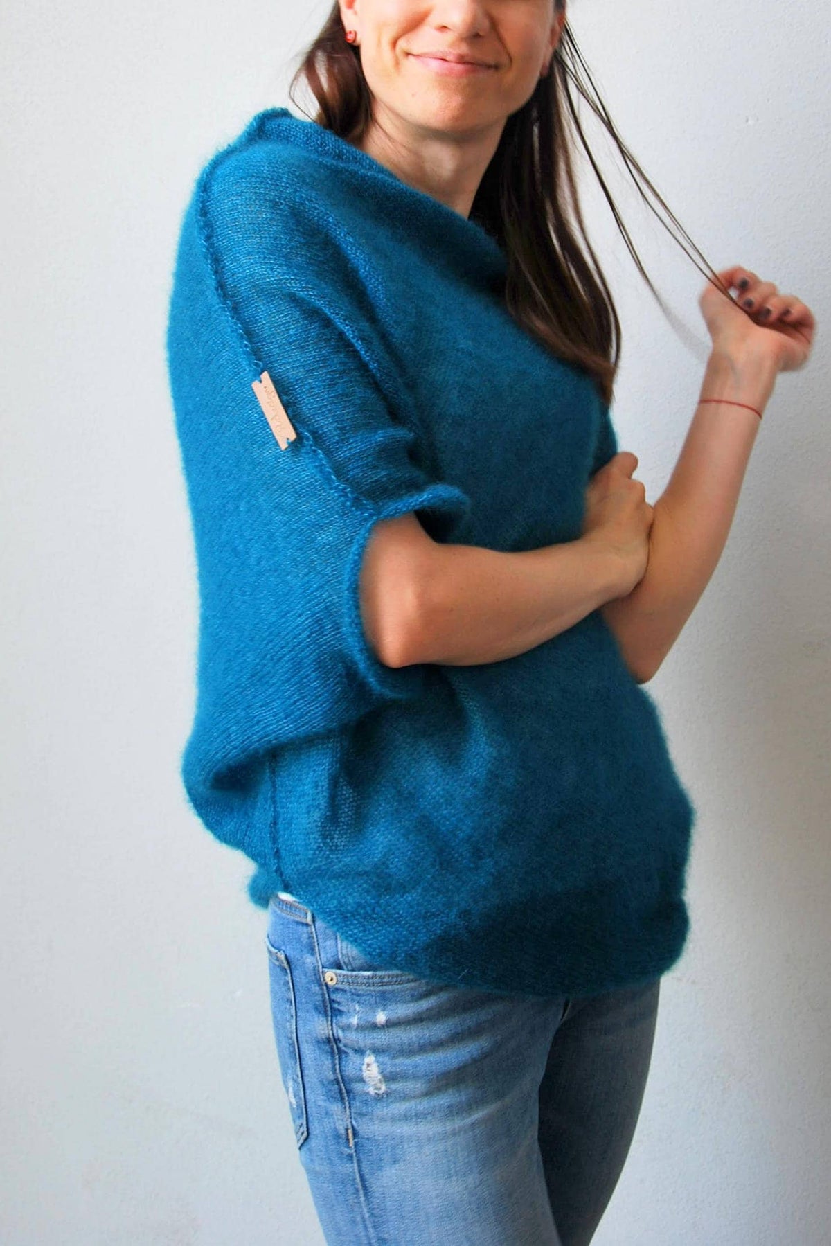 Hand Knit Mohair Cardigan: Silk Blend Green Sweater Cape