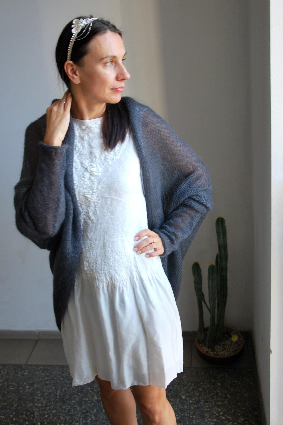 Ash Gray Mohair Silk Cardigan: Soft Bridal Sweater