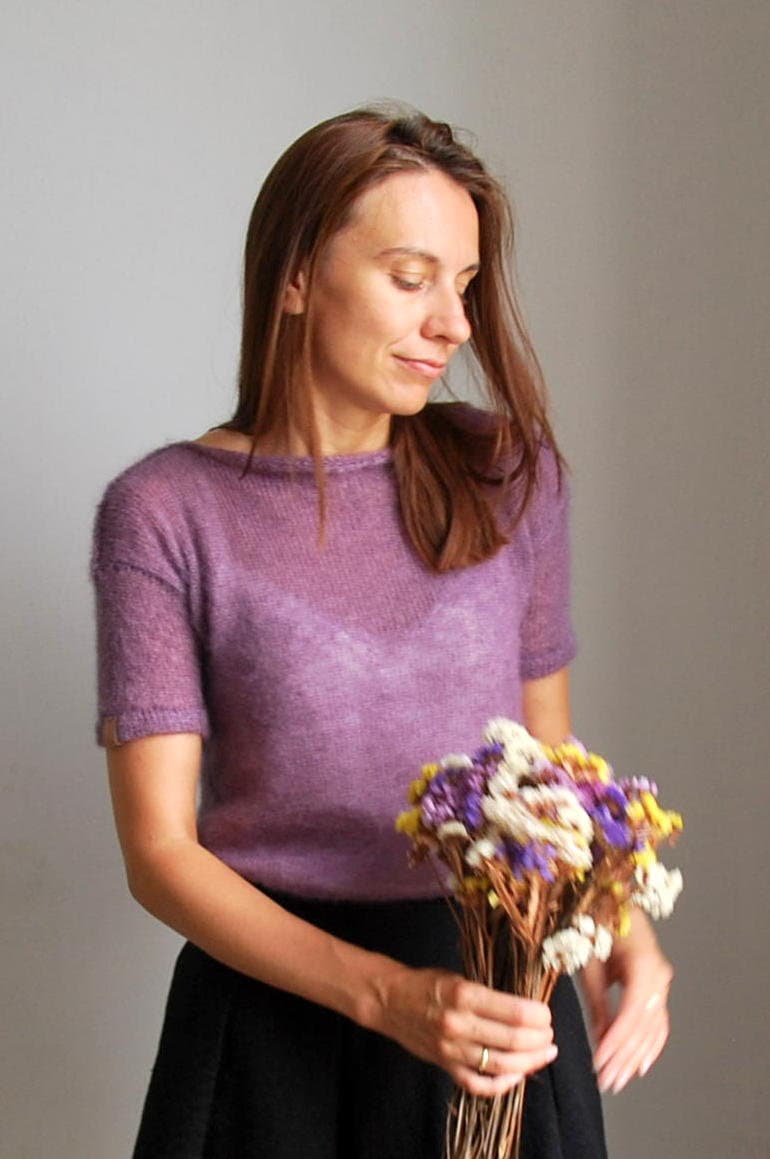 Mohair Silk Knit Sweater: Purple Heathered Bridal Pullover