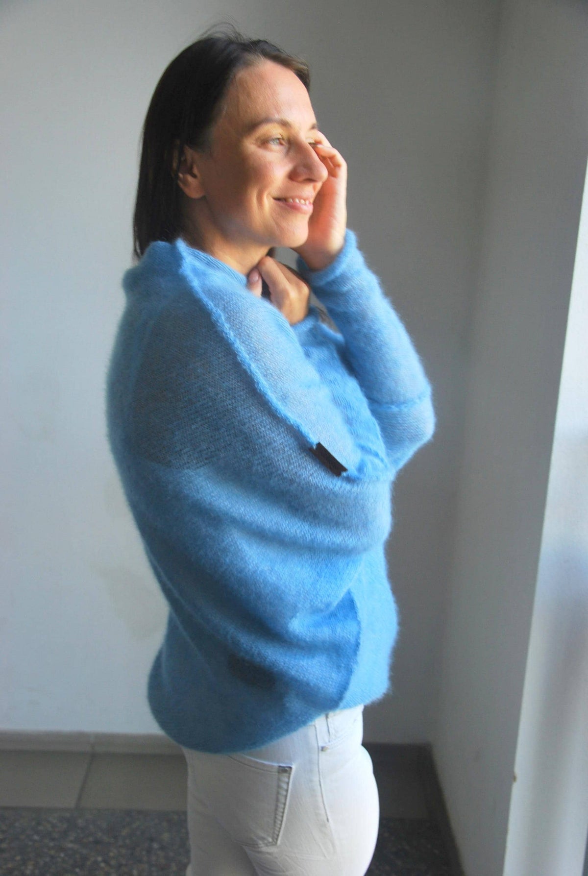 Light Blue Mohair Silk Cardigan: Soft Knit Poncho Sweater