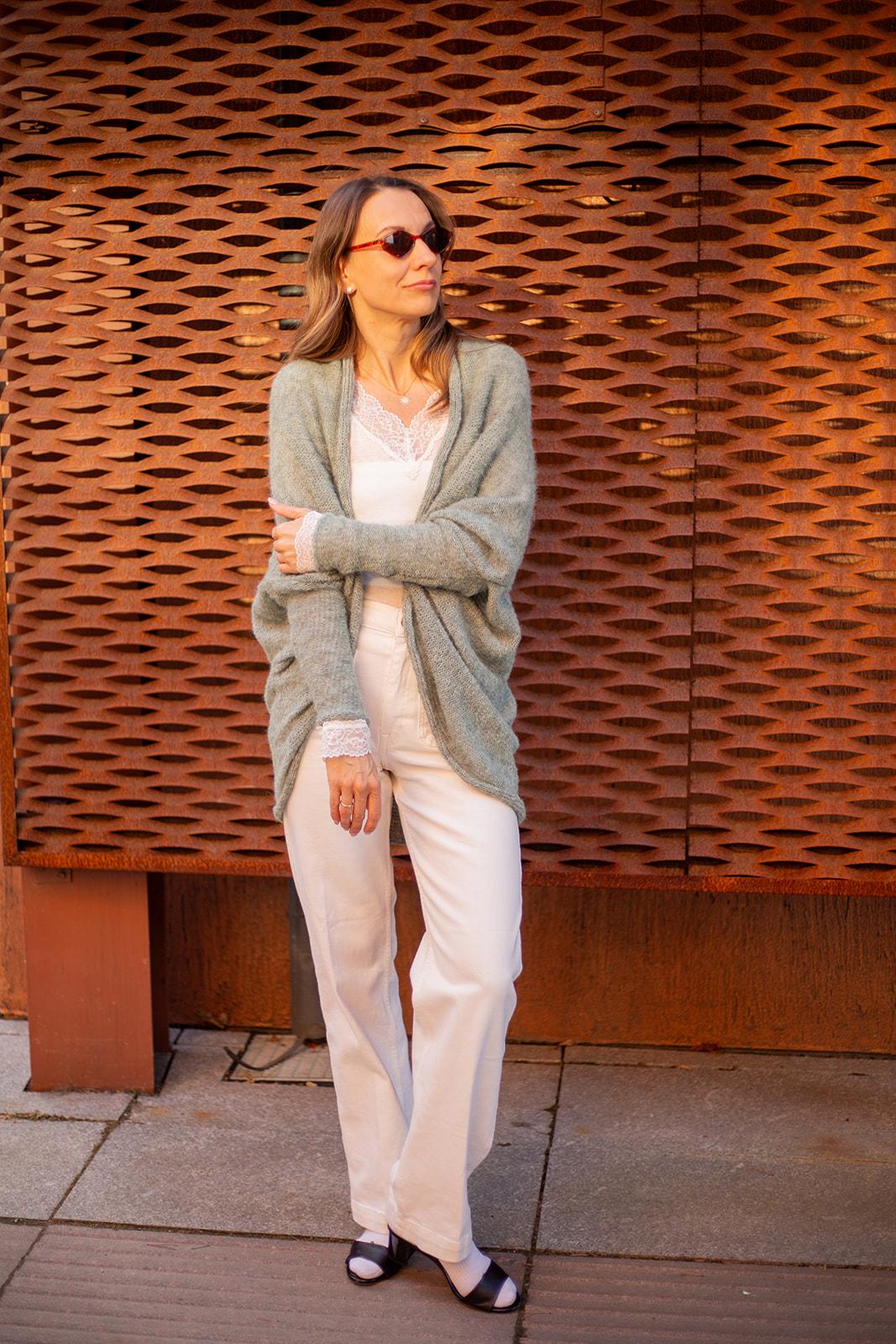 Sage green boho alpaca silk wrap cardigan, soft handmade knit sweater, cozy lightweight minimalist style
