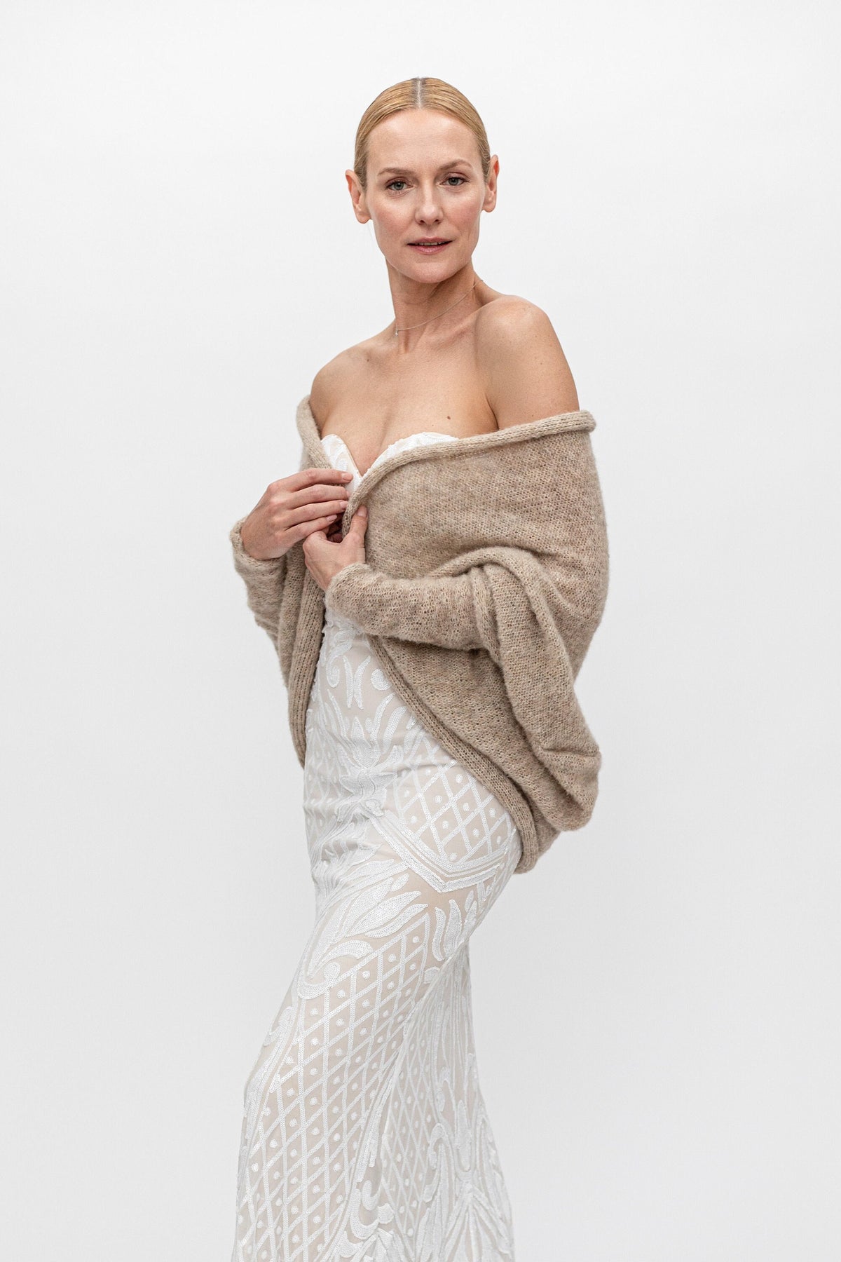 Beige Alpaca Silk Bridal Cardigan: Soft Knit Wedding Shrug