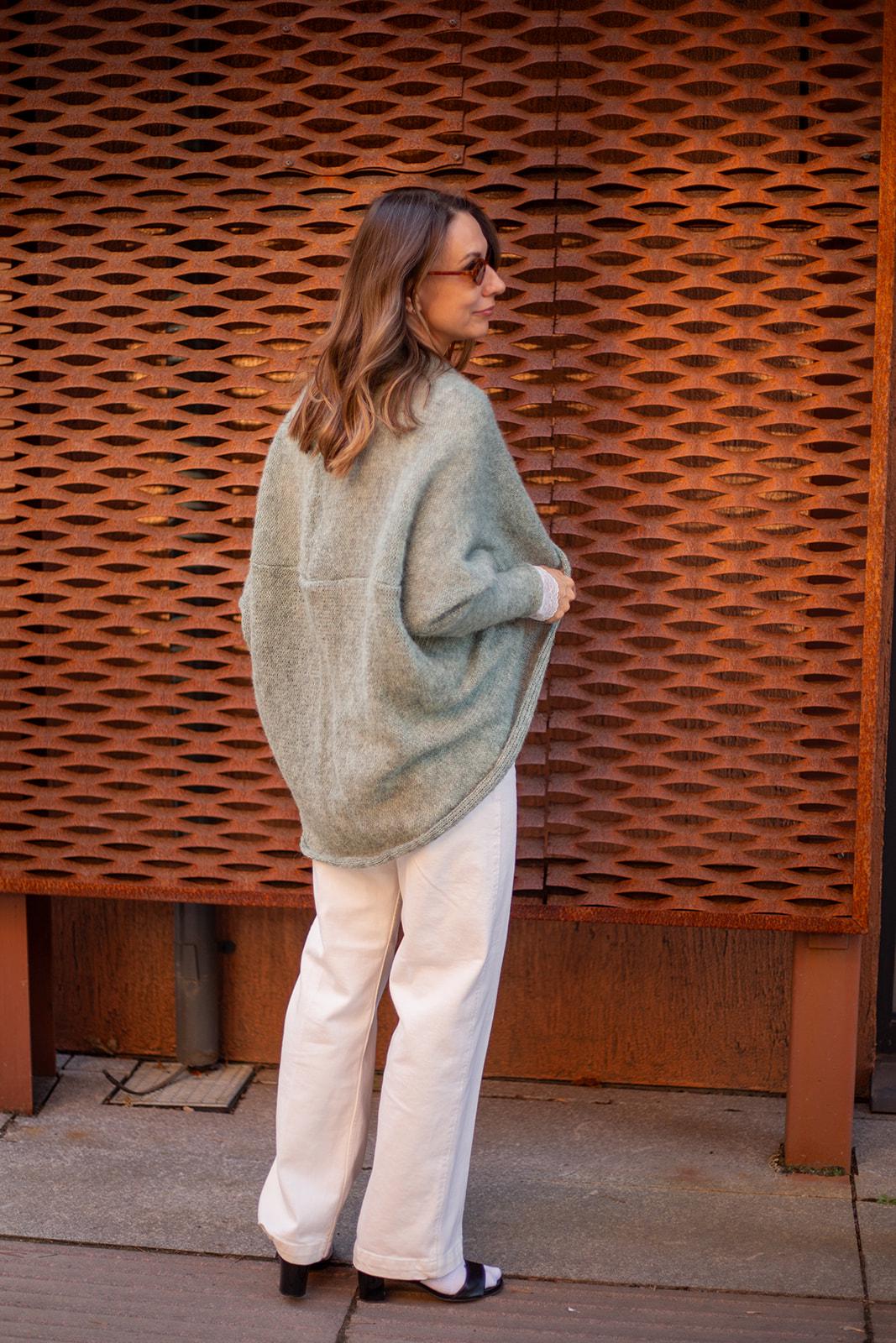 Sage green boho alpaca silk wrap cardigan, soft handmade knit sweater, cozy lightweight minimalist style
