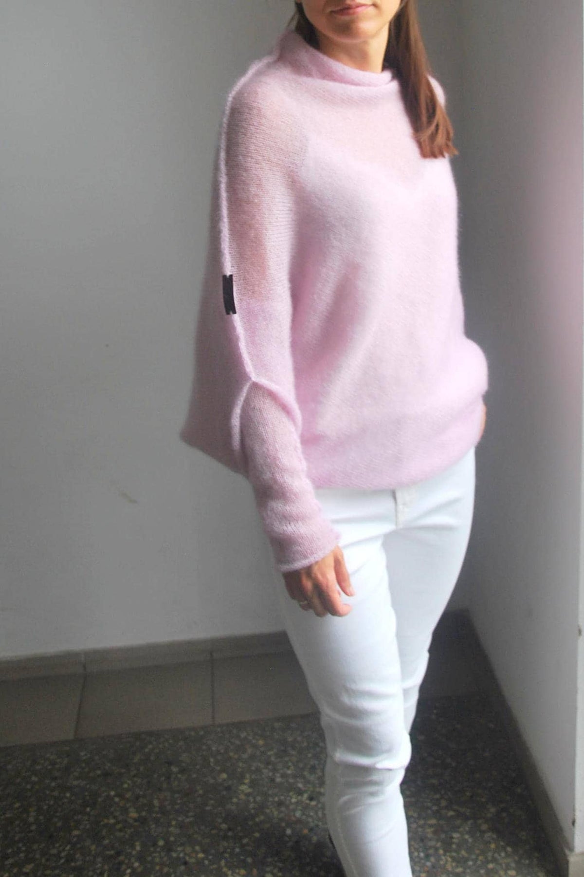 Handmade Mohair Silk Poncho Sweater - Light Pink Knit Cardigan