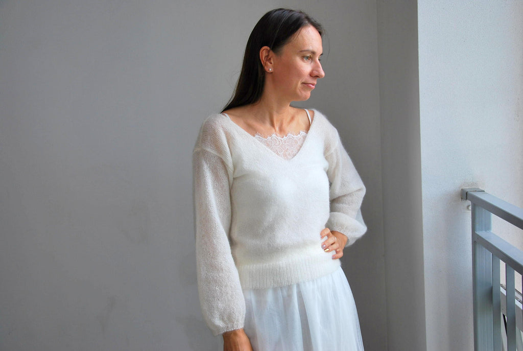 Off White Mohair Silk Sweater: Bridal Pullover Jacket